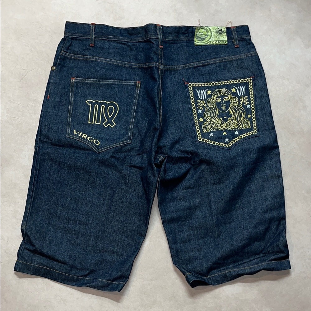 Vintage Y2K Baggy Virgo Dark Blue Jean Shorts with Gold Embroidered Accents